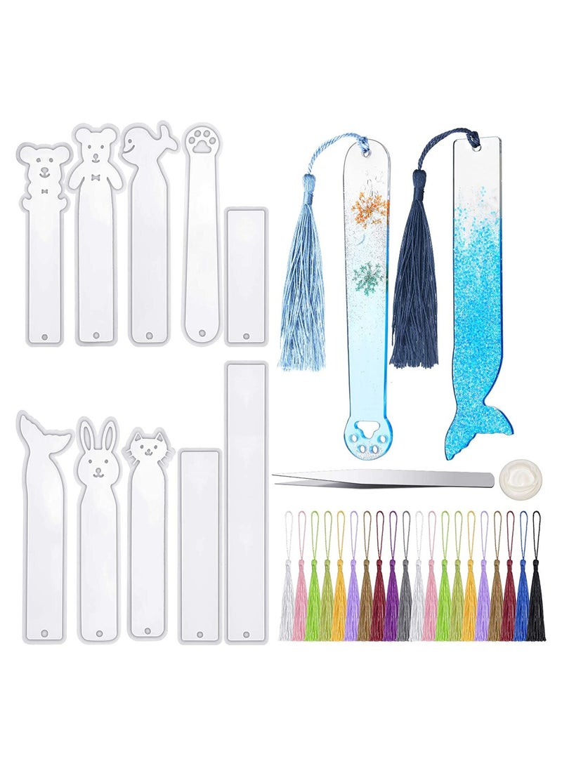 10 Pieces Silicone Bookmark Resin Mold DIY Bookmark Mould Epoxy Resin Casting Mold in 10 Cute Styles with 20 Pieces Random Color Tassels Craft, 20 Finger Cots and 1 Pcs Tweezers for DIY Craft - Image 1
